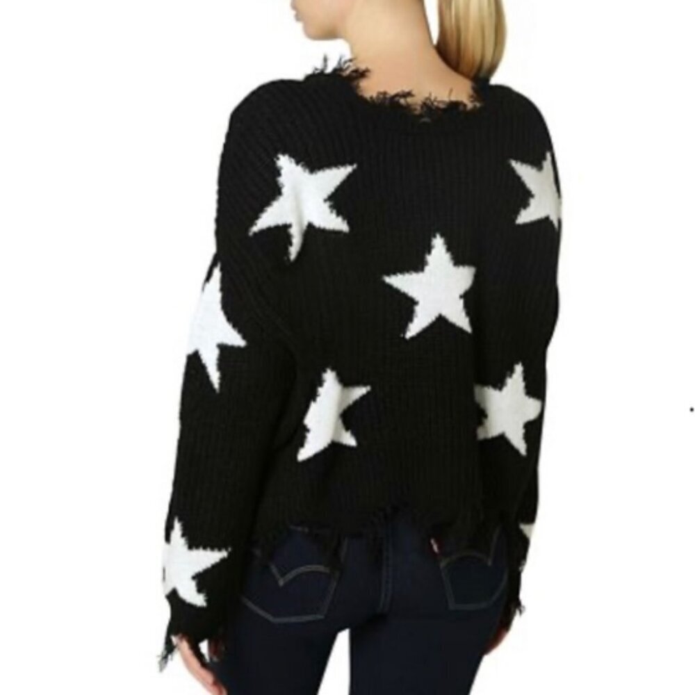 Polly & Esther Women's Frayed Distressed Cropped Black/White Stars Size Medium - Picture 3 of 10